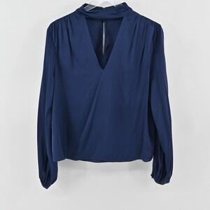 Intermix Elaine Silk Top Womens Size 10 Navy Blue Mock Neck Keyhole Blouse Chic‎